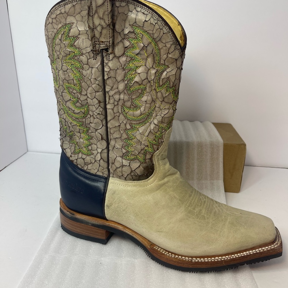 Beige and Navy Western Cowboy Boot with Lime Accent